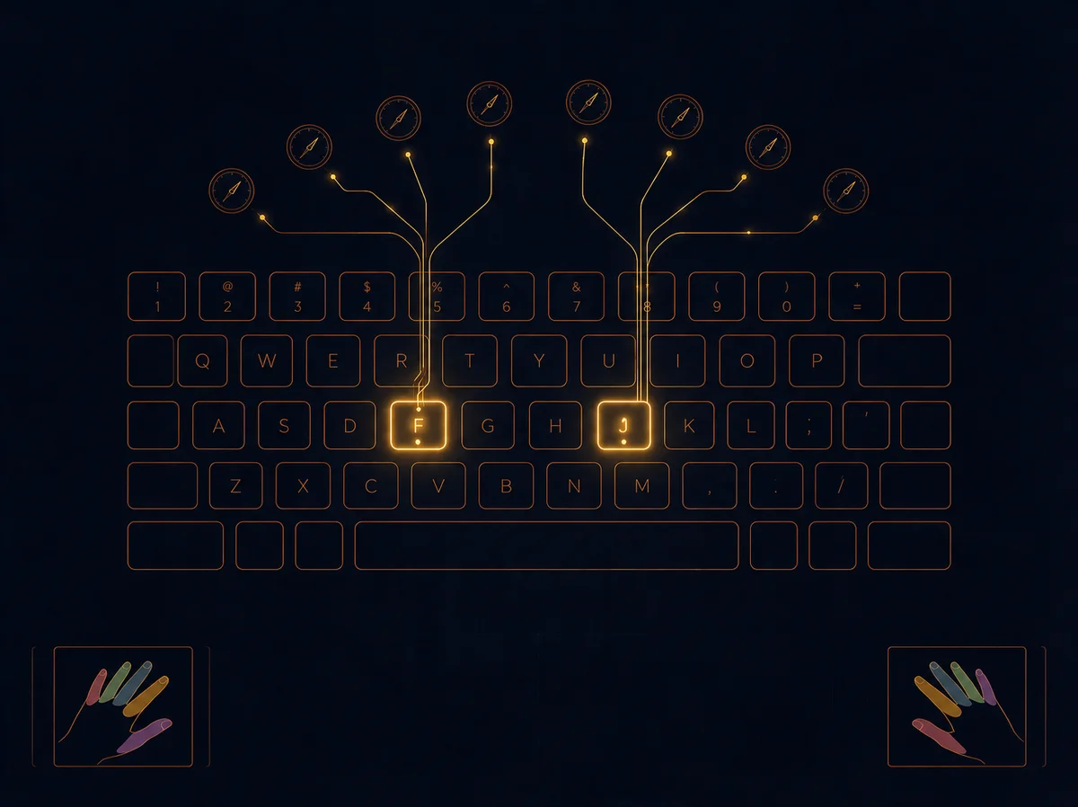 Diagram showing correct wrist and finger position for ergonomic typing, with home row emphasized