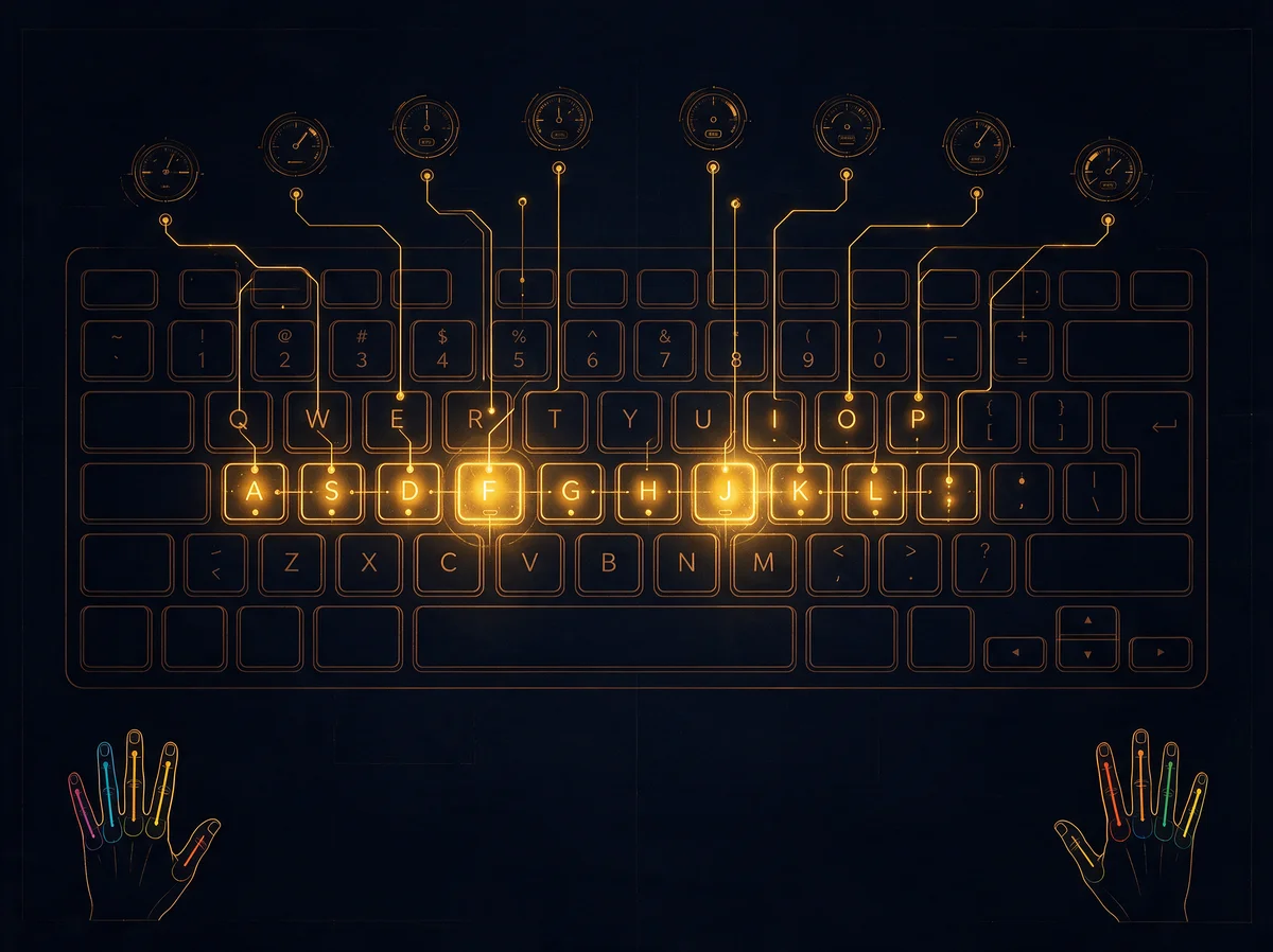 QWERTY keyboard diagram showing home row finger placement, with F and J anchor keys highlighted